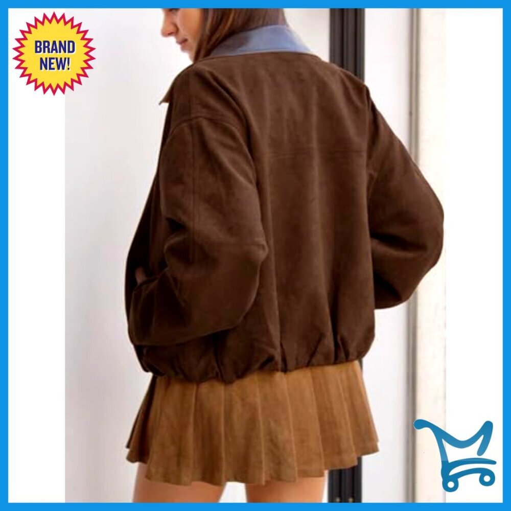 Oversized Faux Suede Bomber Jacket Cropped Lapel Zip Up Streetwear - Picture 4 of 6